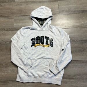 Roots Canada Pullover Hoodie Size L Logo Sweatshirt Gray Plaid